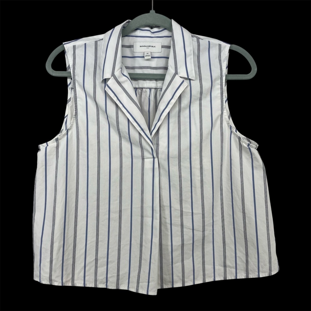 Banana Republic Size Medium Sleeveless Stripe Popover Blouse White Blue Cotton